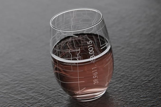 Well Told Engraved Columbus Ohio Map Stemless Wine Glass, Etched Glass (15 oz, Clear) City Custom Gifts for Lovers