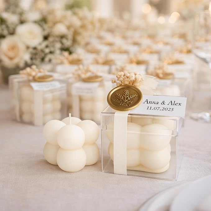 Personalized Bubble Candle Favors with Dried Flowers & Wax Seal – Soy Wax Wedding & Bridal, Baby Shower Bulk Event Gifts (10–200 pcs)