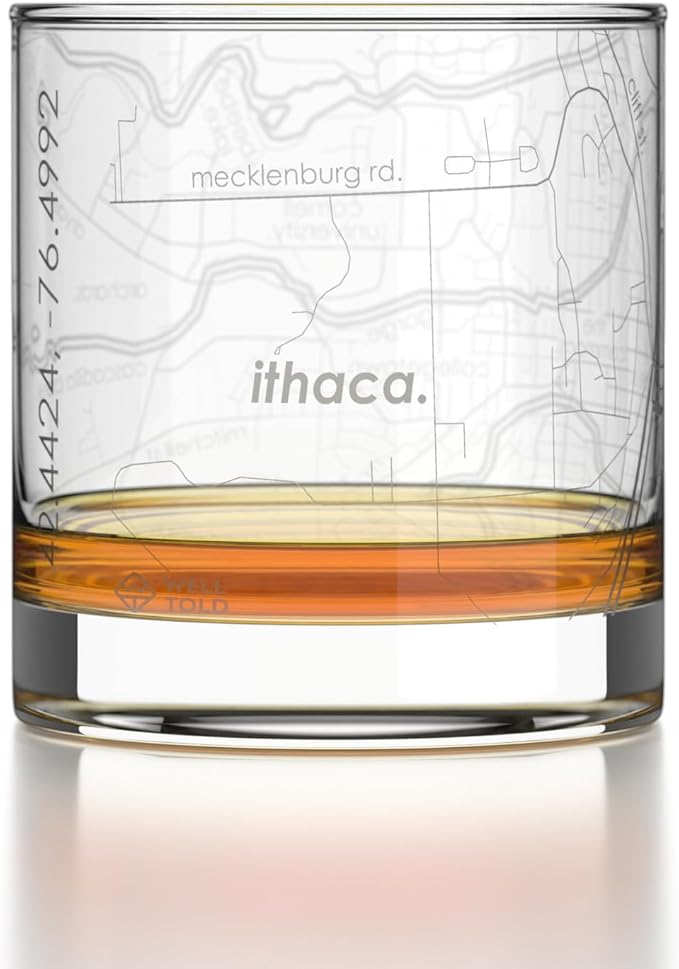Well Told Engraved Ithaca New York Map Rocks Glass, Old Fashioned Glassware (11 oz, Clear) Etched Bourbon Tumbler, Gifts For Whiskey Lovers