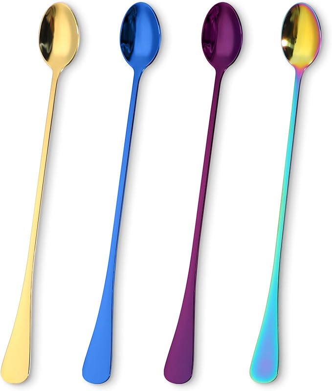 Long Handle Spoon 9.5-Inch Long Handle Ice Tea Spoons 4PCS Stainless Steel Iced Teaspoon for Mixing Tea, Coffee, Milkshake, Cold Drink Iced Teaspoons Long Coffee Spoons