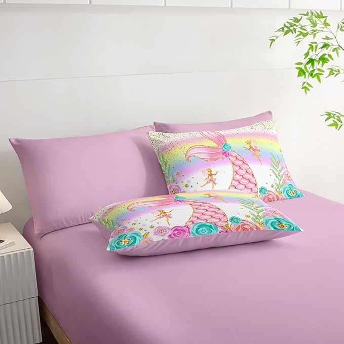 Mermaid Comforter Set Queen - 7 Piece Girls Bedding, Pink Teal Floral Bed Set, Soft Microfiber Comforter, Sheets, Pillowcases