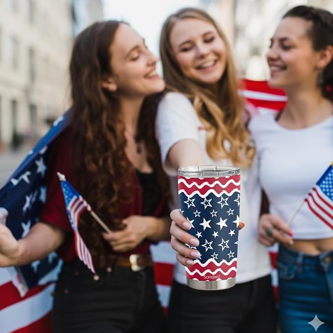 SANDJEST American Flag Tumbler 20oz, Stainless Steel Travel Cup with Lid, Insulated Coffee Mug, Gifts for Men Women Boys Girls Friends Sisters Brothers on Birthday Christmas July 4th