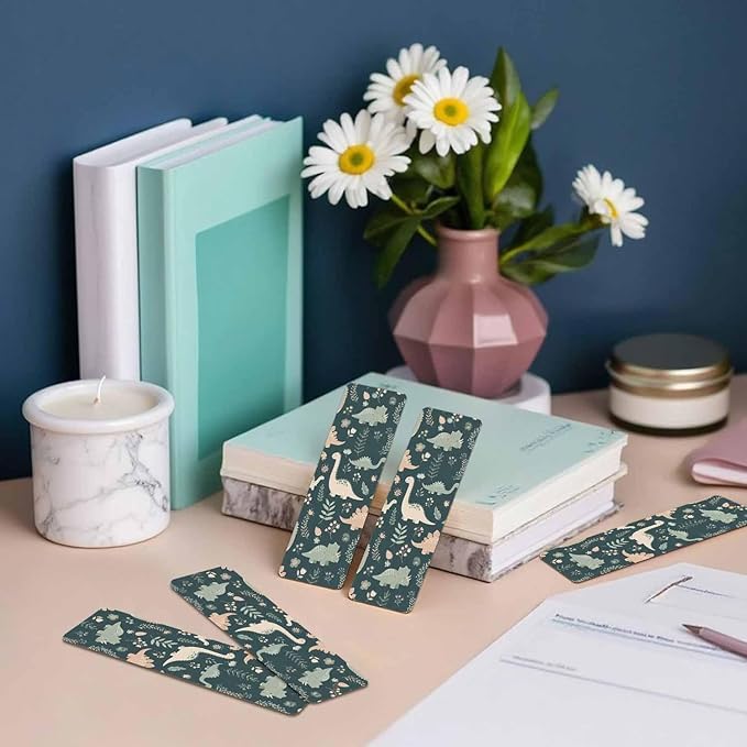 Cute Dinosaur 5 Pcs Bookmarks Tropical Leaf Flower Green Wooden Bookmarks with Tassel for Students Reader Teachers Book Lovers
