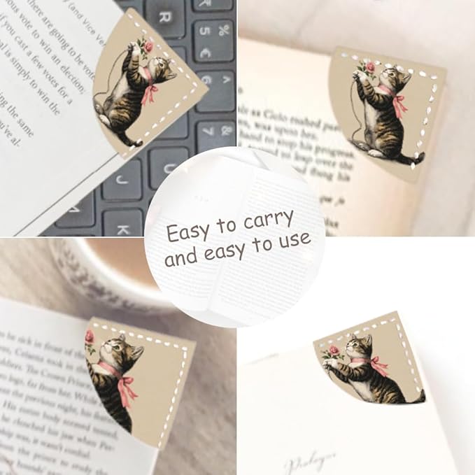 2PCS Leather Bookmarks 3.54 x 3.54 Inch Vintage Tabby Cat with Pink Rose Design Reading Accessories for Books Journals Bibles Travel Diary Students Teachers and Book Lovers Gift