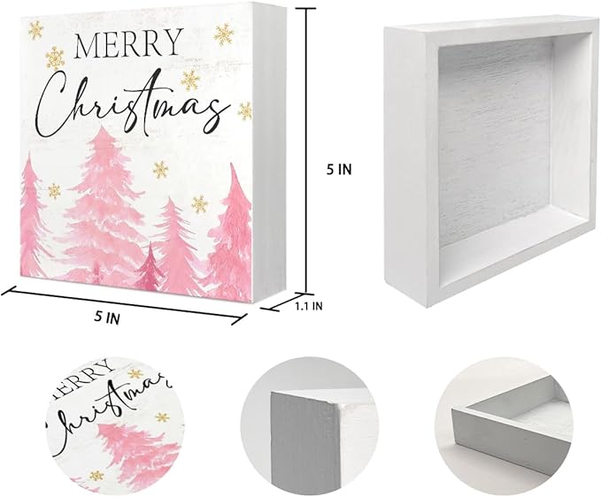 Mtrgdn Pink Christmas Decor Wooden Box Decor Sign,Rustic Merry Christmas Signs for Bedroom Bathroom Home Office Desk Shelf Table Wall Decor,Small Pink Xmas Tree Indoor Decorations Gifts for Women Girls,5x5 Inch