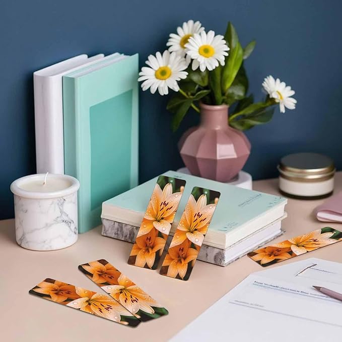 Lily Flowers Bookmarks 5 Pcs Fresh Orange Flower Green Leaves Water Drops Wooden Bookmark with Tassels for Reading Book Lovers Gift Office School Readers Teacher