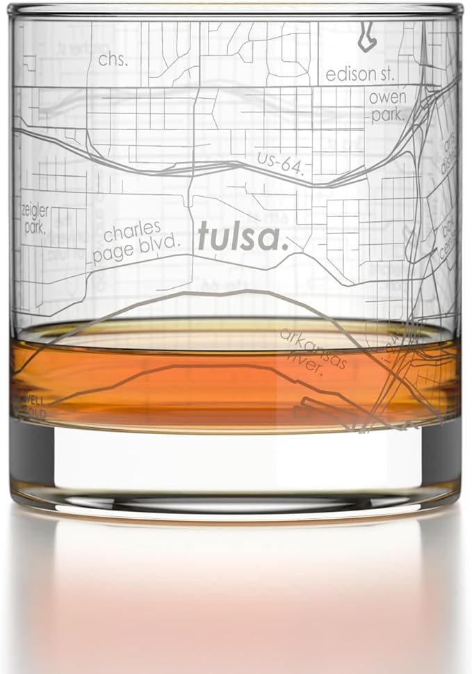 Well Told Engraved Tulsa Oklahoma Map Rocks Glass, Old Fashioned Glassware (11 oz, Clear) Etched Bourbon Tumbler, Gifts For Whiskey Lovers