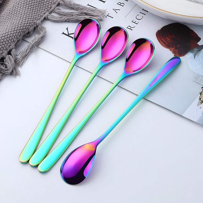 Buyer Star 8-Inch Long Handle Iced Tea Spoons, Ice Cream Spoon, Stainless Steel Cocktail Stirring Spoons, Set of 8 (Rainbow)