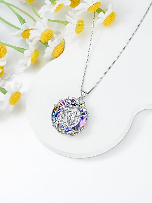TOUPOP Tree of Life Birthstone Necklace 925 Sterling Silver Pendant Austrian Crystal Jewelry Anniversary Valentine's Day Birthday Gifts for Women Mom Her Wife