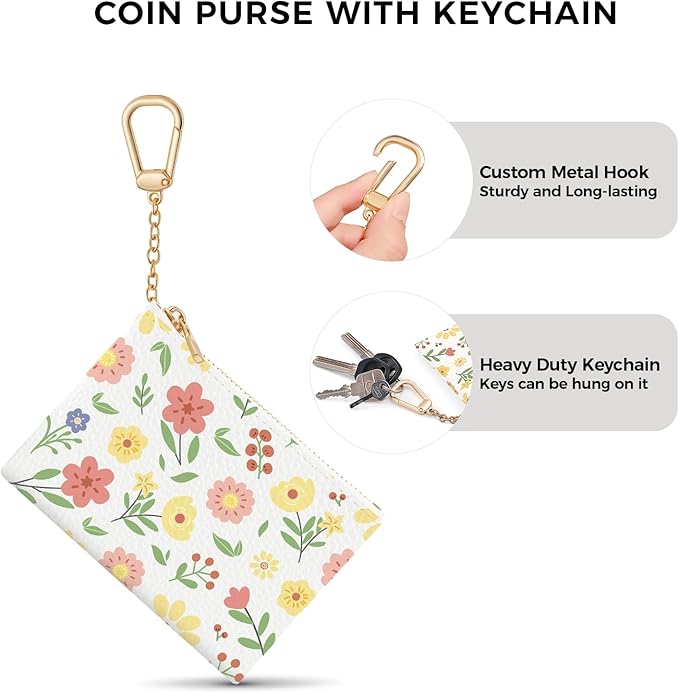 Multicolor Floral Keychain Coin Purse for Women, Small PU Leather Change Pouch, Zipper Little Tiny Travel Wallet for Girls, Cute Kawaii Zip Pocket Coin Holder with Key Ring
