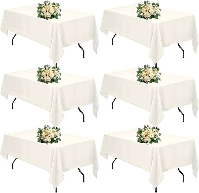 Ivory 6 Pack Polyester Table Cloth 60 x 102 Inch, Rectangle Tablecloths for 6 Foot Tables Washable Table Cloth for Party Wedding