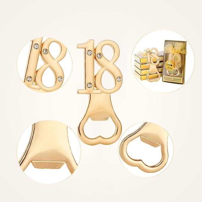 24 Packs of 18th Party Favors Bottle Openers for Birthday Anniversary and Wedding Guests Perfect Souvenirs with Gift Boxes and Decorations for Adults(Gold 18)
