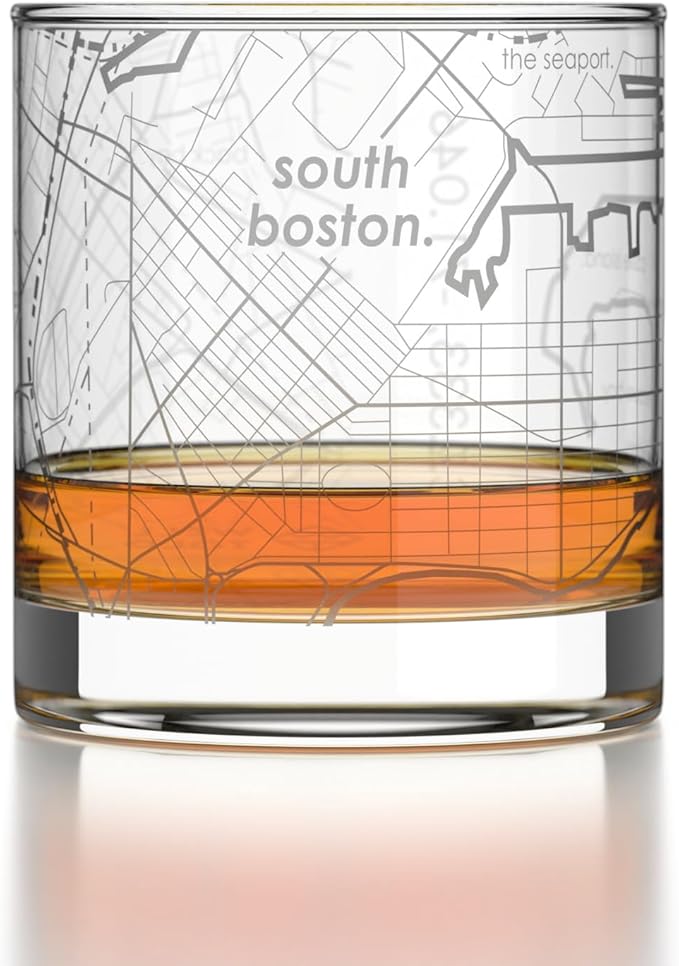 Well Told Engraved South Boston Massachusetts Map Rocks Glass, Old Fashioned Glassware (11 oz, Clear) Etched Bourbon Tumbler, Gifts For Whiskey Lovers