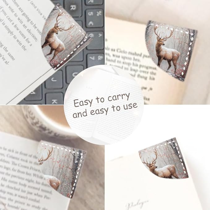 2PCS Leather Bookmarks 3.54 x 3.54 Inch Winter Deer with Red Berries Snow Forest Design Reading Accessories for Books Journals Bibles Travel Diary Students Teachers and Book Lovers Gift