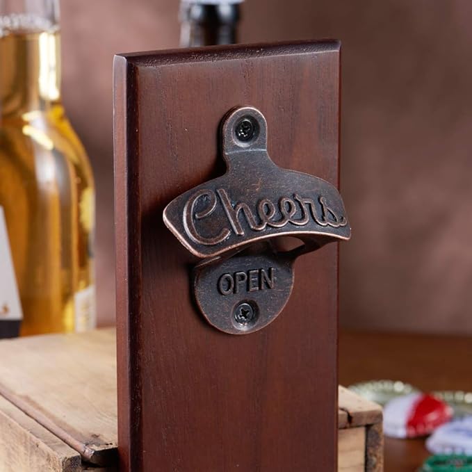 Magnetic Bottle Opener with Cap Catcher, Wooden Wall Mounted Opener, Ideal Gift for Men Dad and Beer Lovers, Use as Kitchen-Yard-Bar Decoration.
