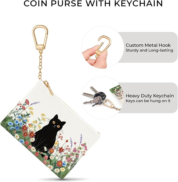 Black Cat Flower Floral Keychain Coin Purse for Women, Small PU Leather Change Pouch, Zipper Little Tiny Travel Wallet for Girls, Cute Kawaii Zip Pocket Coin Holder with Key Ring