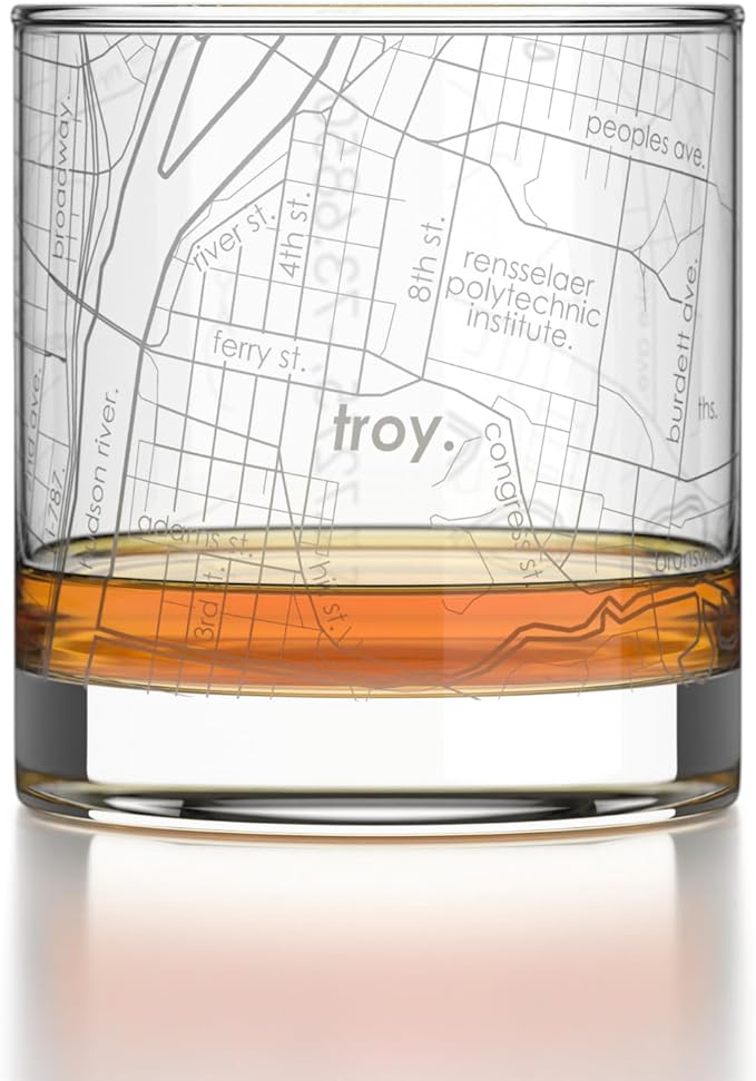 Well Told Engraved Troy New York Map Rocks Glass, Old Fashioned Glassware (11 oz, Clear) Etched Bourbon Tumbler, Gifts For Whiskey Lovers