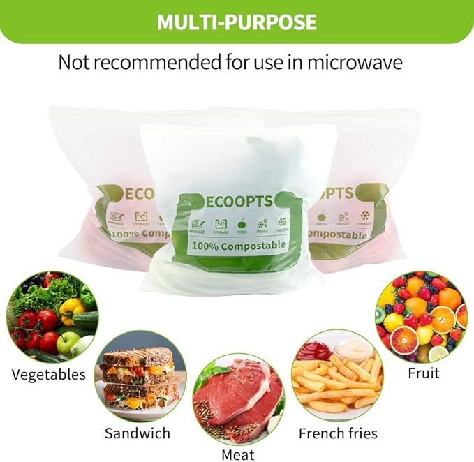 100% Compostable Sandwich Zip Bag | ECO-Friendly Food Storage Bags | Freezer Bag | Plant-Based BPA-free | Seal well for Fruit,Food and Snack (2, Medium)