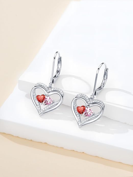 Heart Leverback Earrings Double Birthstone Dangle Earrings for Women, Love Jewelry for Her, Christmas Gifts for Women, Anniversary Birthday Gift for Mom Wife Girlfriend