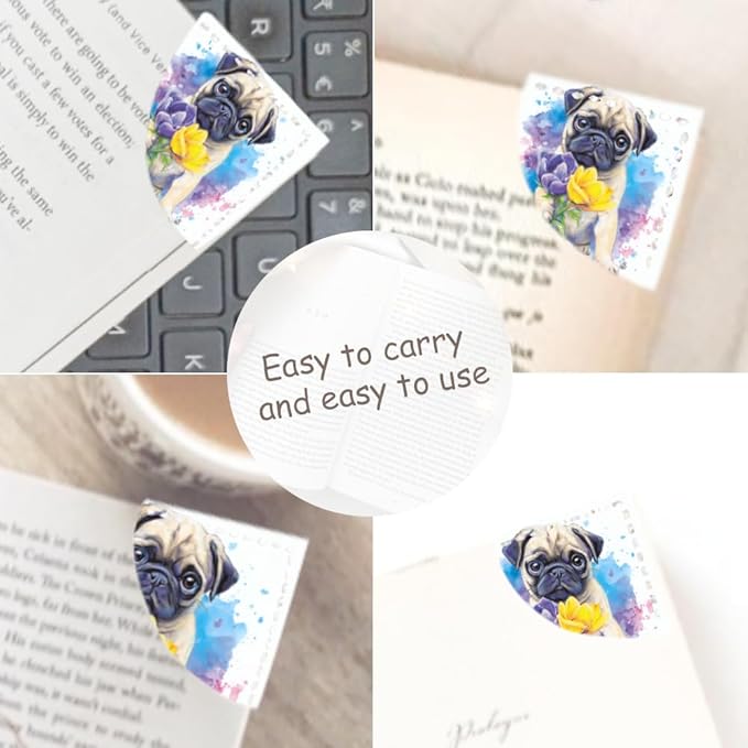 2PCS Leather Bookmarks 3.54 x 3.54 Inch Cute Pug Dog with Flowers Design Reading Accessories for Books Journals Bibles Travel Diary Students Teachers and Book Lovers Gift