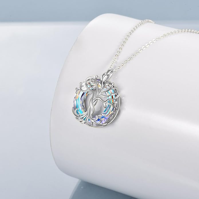 TOUPOP Tree of Life Necklace 925 Sterling Silver Family Tree Pendant Austrian Crystal Jewelry Valentines Day Birthday Gifts for Women Mom Wife Her