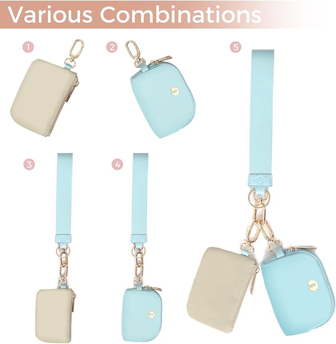 Dual Pouch Wristlet Keychain Wallets for Women with 2 Detachable Zipper Coin Purse - Small and Portable Mini Card Wallet for Women Men Gold Hardware Ice Blue+Khaki