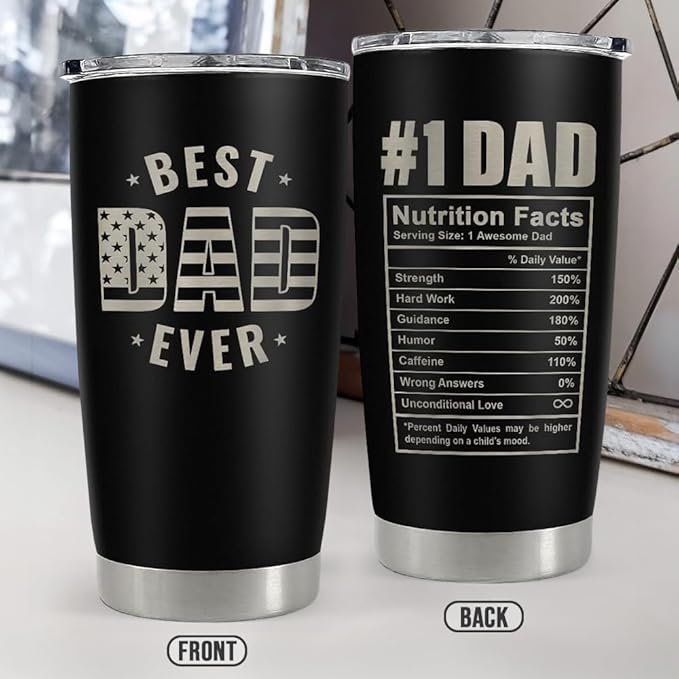 SANDJEST Best Dad Ever Tumbler with Lid - Dad Nutrition Facts 20oz Insulated Stainless Steel Mug - Coffee Mug for Travel Outdoor Sport Office, Gift for Father’s Day Birthday