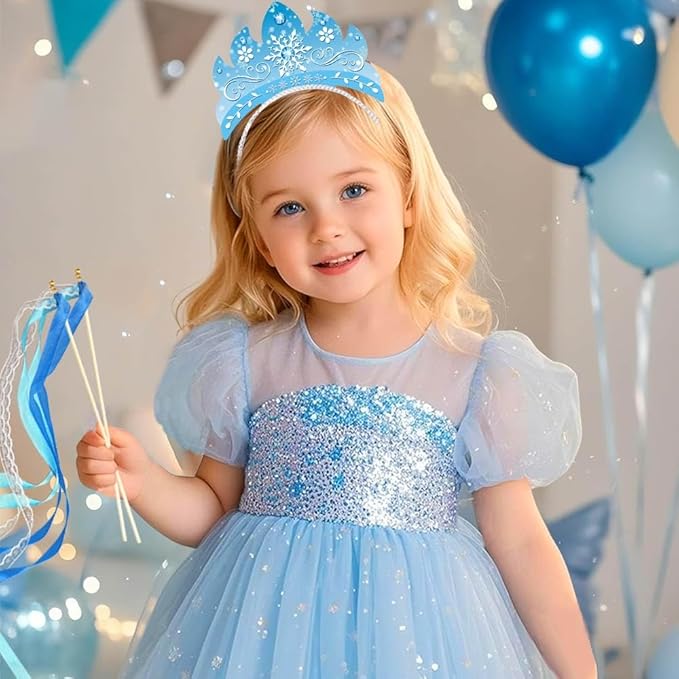 16Pcs Snowflake Headband and Princess Fairy Wand Set, 8Pcs Winter Princess Wands and 8Pcs Angel Snow Flake Crown Headbands, Ice Dress Up Kit for Xmas Winter Themed Birthday Party