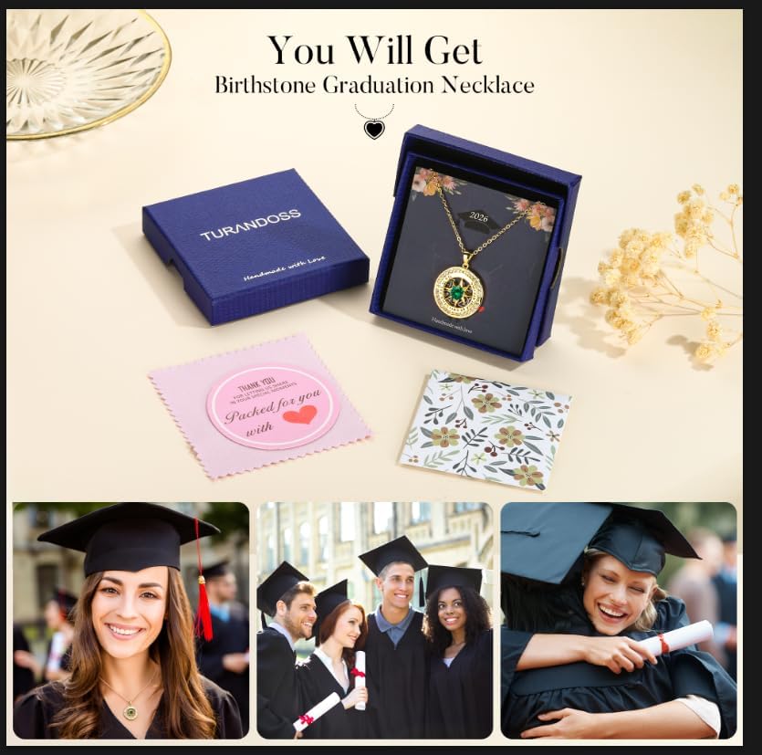 Turandoss 2026 Graduation Gifts for Women Her - 14K Gold Plated Compass Birthstone Necklace High School College Graduation Gifts for Women Family - Image 7