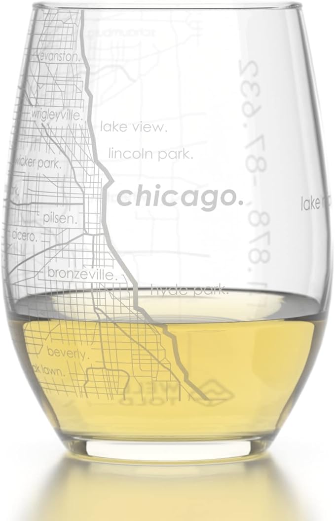 Well Told Engraved Chicago Illinois Map Stemless Wine Glass, Etched Glassware (15 oz, Clear) City Map Gift, Custom Barware, Gifts for Wine Lovers