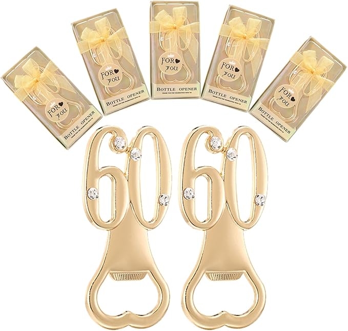 24 pcs Golden 60 Bottle Openers for Guests 60th Birthday Party Favors Rhinestones Decorations for Birthday souvenirs Keepsake for Guests(Gold, 60 style)
