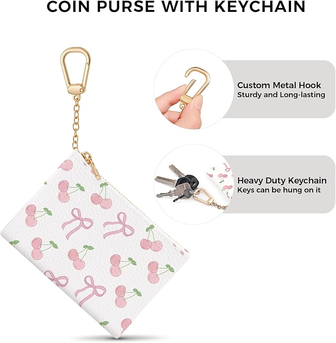 Coquette Bow Keychain Cute Coin Purse for Women, Small PU Leather Change Pouch, Zipper Little Tiny Travel Wallet for Girls, Kawaii Zip Pocket Coin Holder with Key Ring