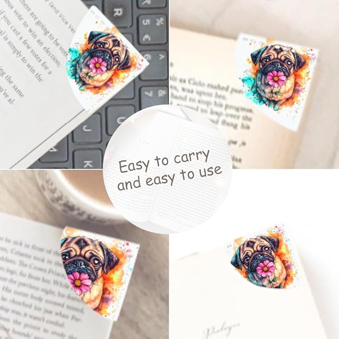 2PCS Leather Bookmarks 3.54 x 3.54 Inch Color Splash Pug with Flower Design Reading Accessories for Books Journals Bibles Travel Diary Students Teachers and Book Lovers Gift
