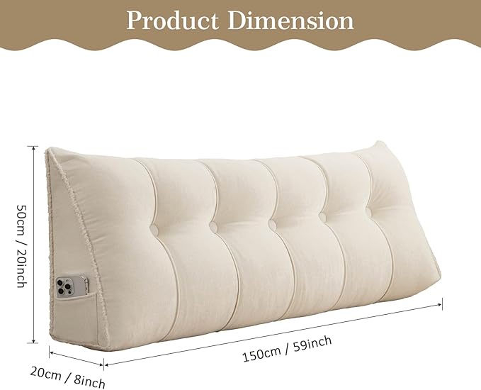 Headboard Pillow Queen, Chenille Triangular Wedge Pillow Headboard Queen Size, Reading Setting Backrest Daybed Pillows for Sofa Bed with Removable Cover, Beige