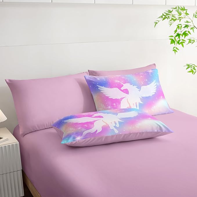 Galaxy Unicorn Bedding Set Queen - Unicorn Comforter Set (7 Piece) - Pegasus Galaxy Kids Bedding, Pink Purple Blue Girls Quilt Set, All Season Microfiber Bed Set with Shams, Flat/Fitted Sheet