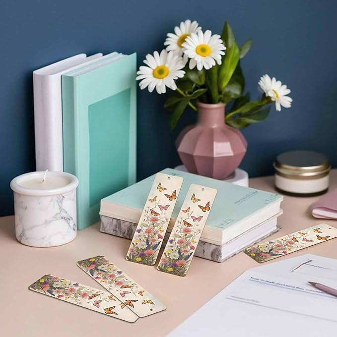 Butterflies Bookmarks 5 Pcs with Tassels Wildflower Summer Retro Pink Wooden Bookmarks for Reading Women Students Teacher Reader