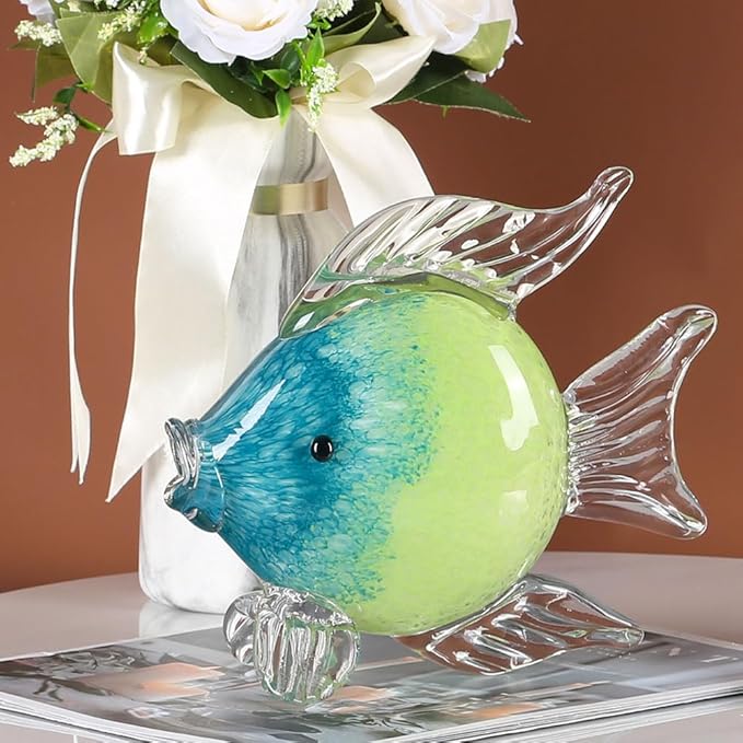 QIANLING Glass Fish Figurines - Coastal Home Decor, Modern Ocean Centerpieces for Living Room, Dining Area, Bathroom, Office, Coffee Table, Beach House, Nautical, Seaside, Entrance, Shelf Display
