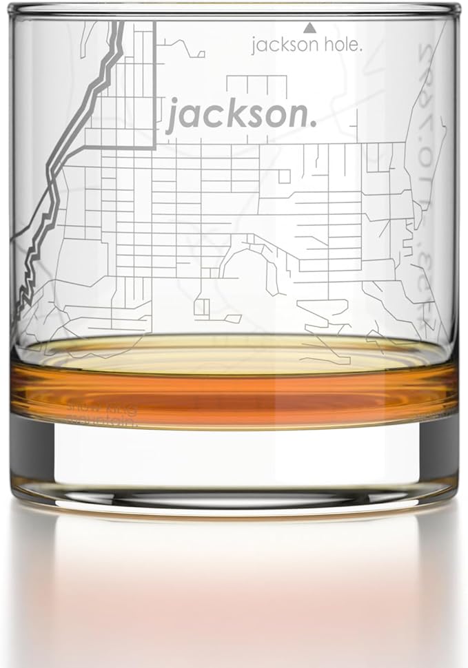 Well Told Engraved Jackson Wyoming Map Rocks Glass, Old Fashioned Glassware (11 oz, Clear) Etched Bourbon Tumbler, Gifts For Whiskey Lovers