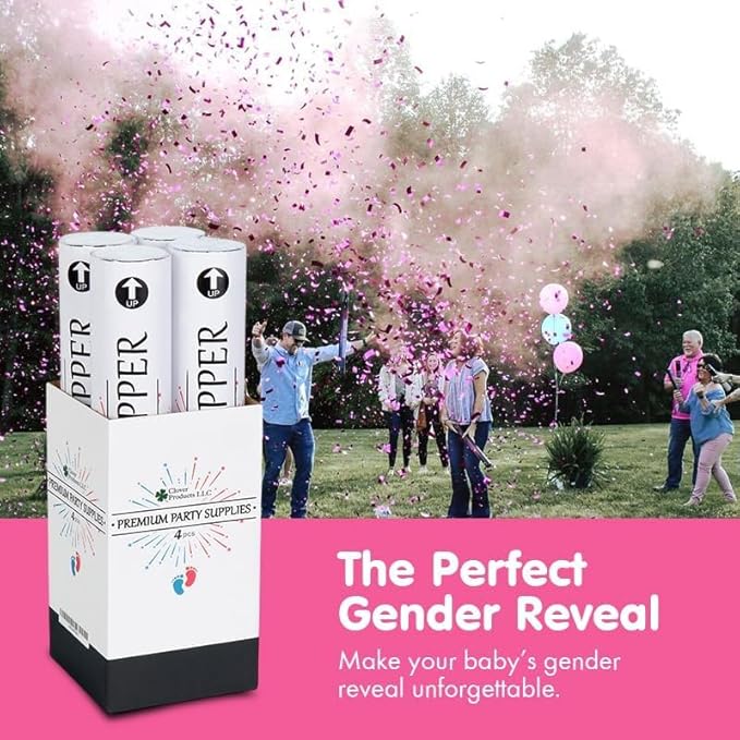 Clover Products Gender Reveal Cannons – 4 Pack (2 Blue & 2 Pink) | 12-Inch Confetti & Powder Poppers | Air-Powered, Biodegradable | Free Balloons Included