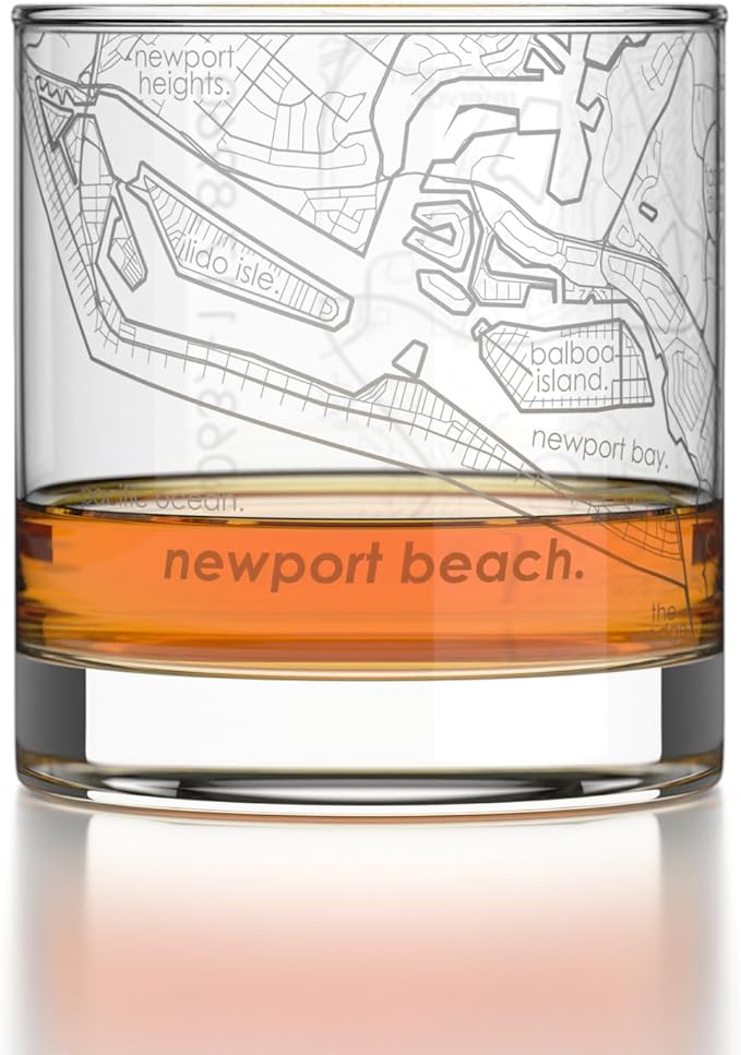 Well Told Engraved Newport Beach California Map Rocks Glass, Old Fashioned Glassware (11 oz, Clear) Etched Bourbon Tumbler, Gifts For Whiskey Lovers