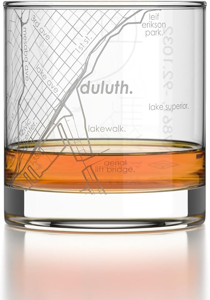 Well Told Engraved Duluth Minnesota Map Rocks Glass, Old Fashioned Glassware (11 oz, Clear) Etched Bourbon Tumbler, Gifts For Whiskey Lovers