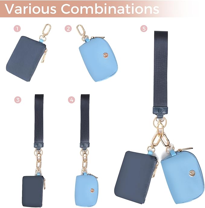 Dual Pouch Wristlet Keychain Wallets for Women with 2 Detachable Zipper Coin Purse - Small and Portable Mini Card Wallet for Women Men Gold Hardware Navy+Sky Blue