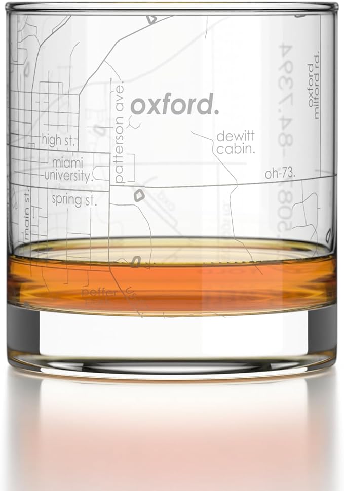 Well Told Engraved Oxford Ohio Map Rocks Glass, Old Fashioned Glassware (11 oz, Clear) Etched Bourbon Tumbler, Gifts For Whiskey Lovers