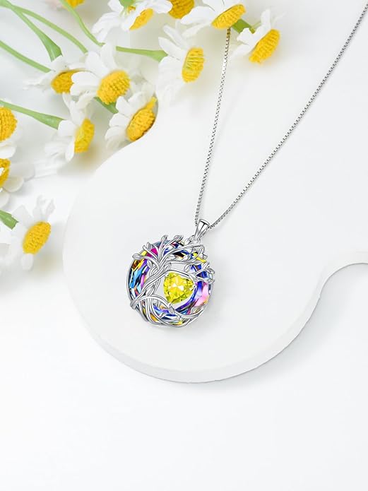 TOUPOP Tree of Life Birthstone Necklace 925 Sterling Silver Pendant Austrian Crystal Jewelry Anniversary Valentine's Day Birthday Gifts for Women Mom Her Wife