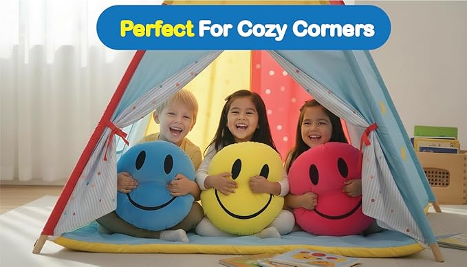 Smiley Face Pillow - Cute Plush for Fun Bedroom Decor - 16" X 16" Soft Cotton Cool Kids' Throw Pillows with Inserts Included - Birthday Gift - Room Decor Aesthetic for Bedroom. (Pink)