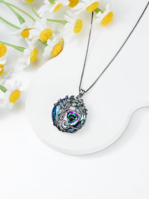 TOUPOP Tree of Life Birthstone Necklace 925 Sterling Silver Pendant Austrian Crystal Jewelry Anniversary Valentine's Day Birthday Gifts for Women Mom Her Wife