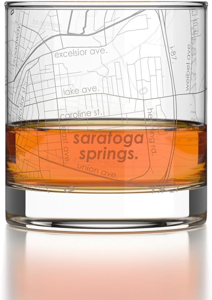 Well Told Engraved Saratoga Springs New York Map Rocks Glass, Old Fashioned Glassware (11 oz, Clear) Etched Bourbon Tumbler, Gifts For Whiskey Lovers