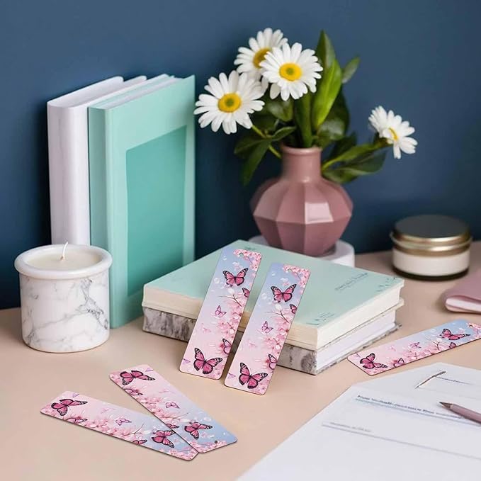Cherry Blossoms Bookmarks 5 Pcs with Tassels Pink Butterflies Wooden Bookmarks for Reading Women Students Teacher Reader