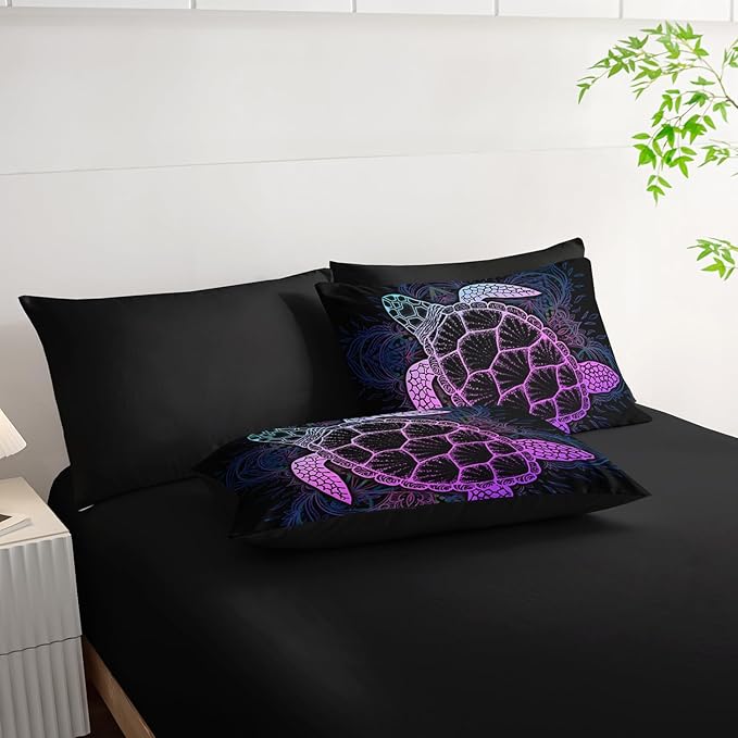 Sea Turtle Comforter Set (7 Piece) - Twin/Queen Size, Black Bedding, Teal Purple Ocean Theme, Soft Microfiber, Sheets Included