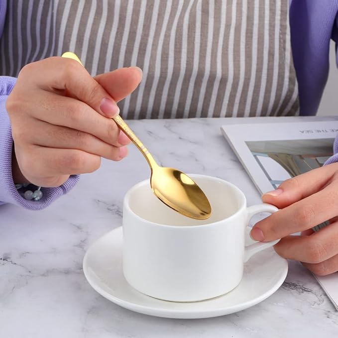 Gold Unique Pattern Design Coffee Espresso Spoons Mini, Mingcheng Stainless Steel Small Teaspoons Silverware Set of 6, BISDARUN 5.5 Inches Food Spoons for Demitasse Dessert Tea